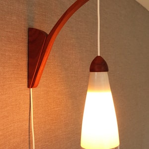 Very rare Philips torpedo shaped shade white pink hanging wall lamp light fishing rod mid century teak wood opaline conical shade 1950 Dutch
