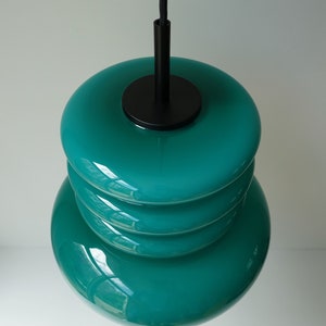 Stunning hooped layered emerald green glass cased pendant hanging lamp light opaline cased mid century modern ES Moderne Leuchten Germany image 9