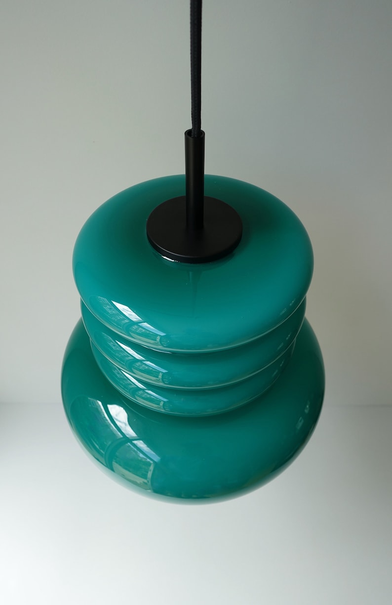 Stunning hooped layered emerald green glass cased pendant hanging lamp light opaline cased mid century modern ES Moderne Leuchten Germany image 9