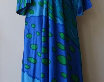 Vintage 1975 Marimekko long elegant tropical  summer dress green blue oversized S Finland Finnish design 1970s Katsuji Wakisaka Kottarainen