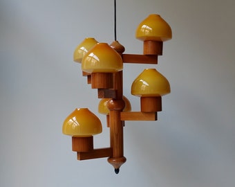 Beautiful condition Aneta Belysning Växjö Sweden 6 light pine wood brown glass Swedish design pendant hanging lamp mid century modern 1970s