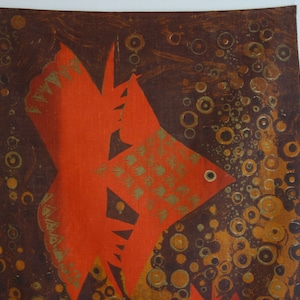 Art large fabric textile wall hanging golf fish fishes Sodahl Hans Jürgen Schöbel Södahl Danish design jute Denmark 1960s mid century modern
