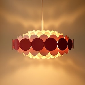 Stunning graphic all metal Doria Leuchten seven 7 ring round discs pink white ring pendant hanging lamp light mid century modern German