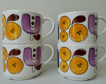 Mint condition Rorstrand Rörstrand Sweden Karneval 4 cups without NO saucers coffee cups hand decorated mid century modern Timo Sarvimäki