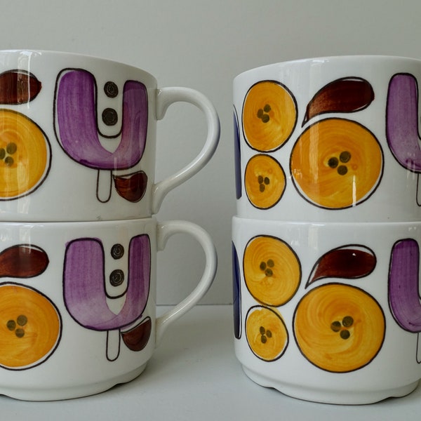 Mint condition Rorstrand Rörstrand Sweden Karneval 4 cups without NO saucers coffee cups hand decorated mid century modern Timo Sarvimäki