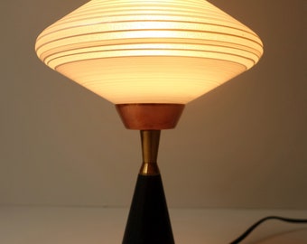 Vintage copper brass wood glass space age style  atomic shade small table lamp desk light frosted 1960s mid century modern space needle