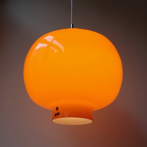 Near mint condition Very large XL Vistosi handmade glass tangerine orange pendant hanging light lamp mid century modern Italian Murano