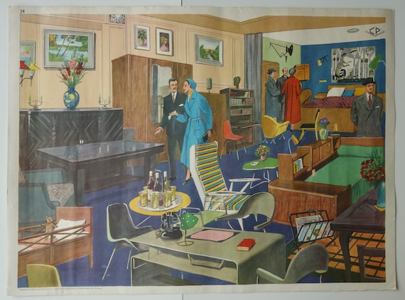Vintage 1950s 1960s French Home Interior Design Store Lithograph School Chart Boris Lacroix Serge Mouille Lunel Lamp