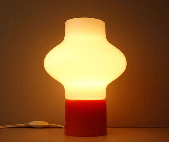Vintage Orange Glass Cased Opaline Bedside Table Desk Lamp Light In And White Hooped Design 1970s Mid Century Modern Funky Pop