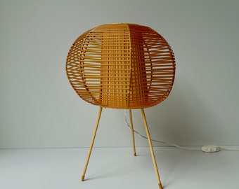 Beautiful caramel fudge brown beige colors atomic space age tripod table desk lamp light vinyl ribbon wrapping wicker mid century modern