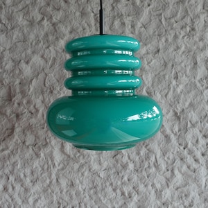 Stunning hooped layered emerald green glass cased pendant hanging lamp light opaline cased mid century modern ES Moderne Leuchten Germany image 3