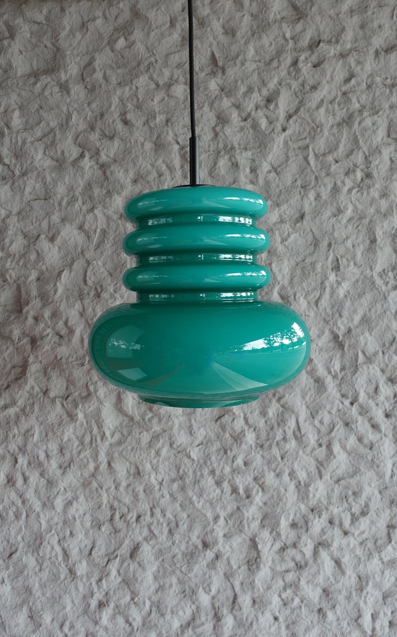 Stunning hooped layered emerald green glass cased pendant hanging lamp light opaline cased mid century modern ES Moderne Leuchten Germany image 3