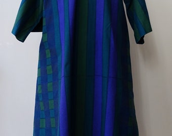 Marimekko vintage kaftan summer dress green blue purple Tiet tunic sturdy 100% cotton oversized Finnish size S mid century Liisa Suvanto