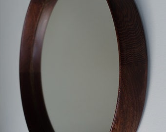 W1044 round mirror wood wooden wengé African rosewood faux ebony With wax repairs 1960s mid century modern Dutch design Houtwerk Hattem