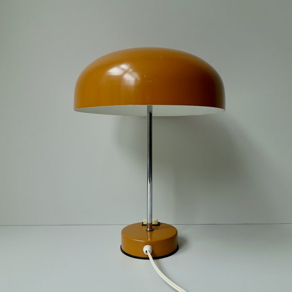 Ochre caramel brown 1970s Massive Belgium design metal and aluminum mushroom table desk lamp mid century modern space age pop art light