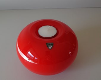 Oval pressed down ball candle holder tea light Owe Elvén Paradis series Orrefors red marked 1980s Swedish design mouth blown hand-made