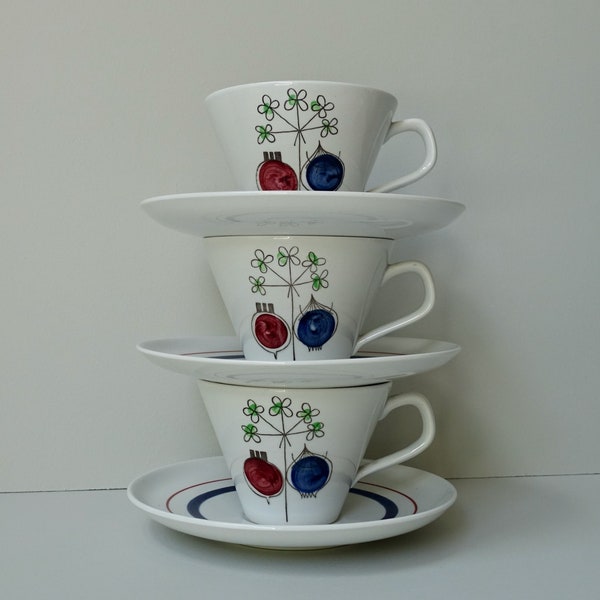 Rörstrand Sweden Picknick Pomona Marianne Westman 3 coffee cups with saucers nr 24 Swedish Scandinavian mid-century ceramics 1950s Sweden