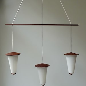 Rare 3 light lantern shape teak wood satin glass mid century pendant hanging lamp mid century modern 1950s 1960s