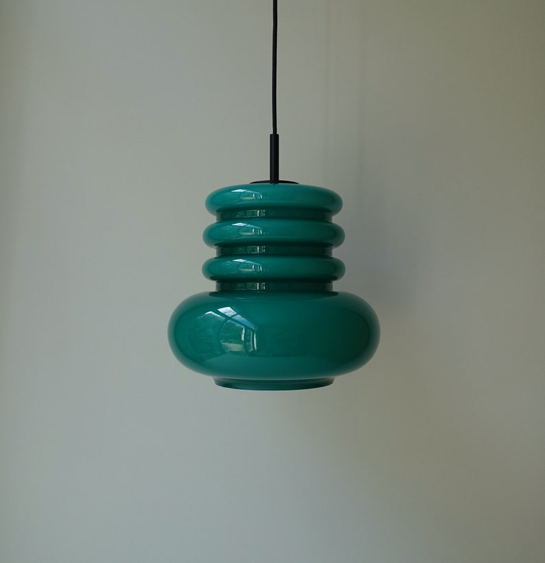 Stunning hooped layered emerald green glass cased pendant hanging lamp light opaline cased mid century modern ES Moderne Leuchten Germany image 2