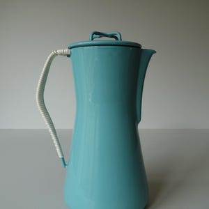 Near mint vintage blue Jens Harald Quistgaard Dansk Designs enameled JHQ large coffee pot pitcher mid century modern Danish Denmark 1960s