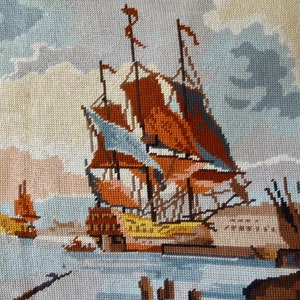 1970s XL French vintage needlepoint tapestry fishing port landscape embroidery painting hand stitched boat signed Créations Margot, Paris.