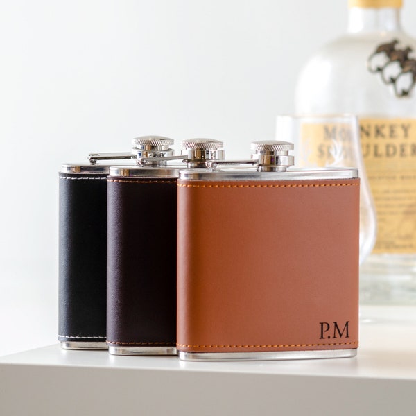 Personalised Leather Hip Flask Initials Hipflask Gifts for Men Gifts For Groomsmen Best Man Dad Friend Gift Set Leather & Stainless Steel