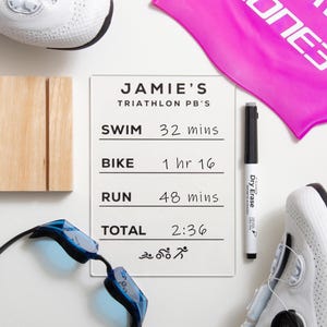 Personlig triathlon PB-skylt | Sim-, cykl- och löptracker | Gåva till triatleter