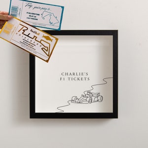 May include: A black frame with a white background and a line drawing of a race car on a track. The text "CHARLIE'S F1 TICKETS" is printed in black at the top of the frame. Two tickets are displayed above the frame, one blue and one gold.