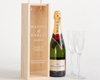 Personalised Engagement Bottle Box Personalised Co-ordinates Engagement Gift Present Personalised Engaged Champagne Wooden Box Couple Gifts