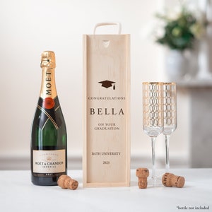 Gepersonaliseerde afstudeerflesdoos Gepersonaliseerde wijn-champagnedoos Houten flessendoos Gegraveerd afstuderen Universiteit Gefeliciteerd cadeau