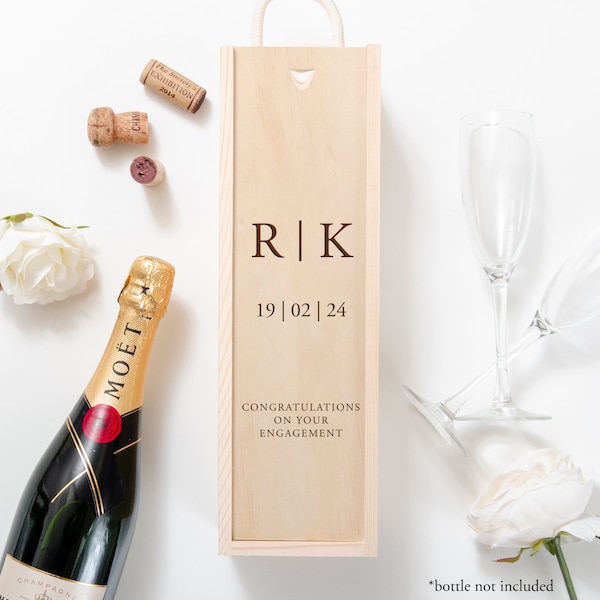 Personalised Engagement Bottle Box Personalised Initials Engagement Gift Present Customised Engaged Champagne Wooden Bottle Box Couple Gifts