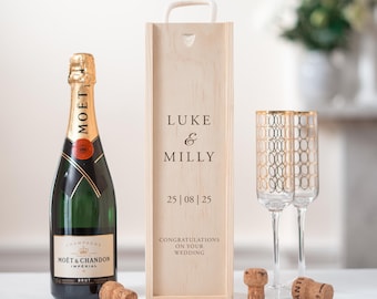 Personalised Wedding Bottle Box | Personalised Engagement Wedding Gift | Personalised Engaged Champagne Wooden Bottle Box Couple Gifts