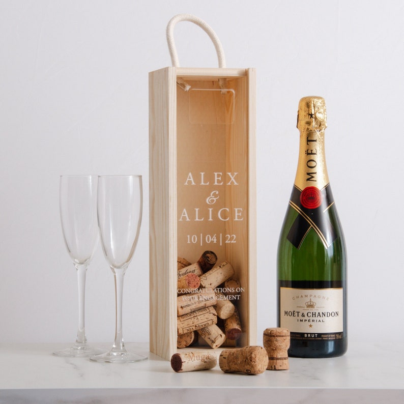 Personalised Engagement Bottle Box Personalised Engagement Gift Personalised Champagne Cork Collector Wooden Wine Bottle Box Couple Gift