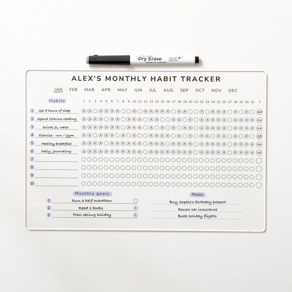 Monthly Habit Tracker | Habit Journal | Productivity Planner | Acrylic Reusable Wipeable Calendar 2026