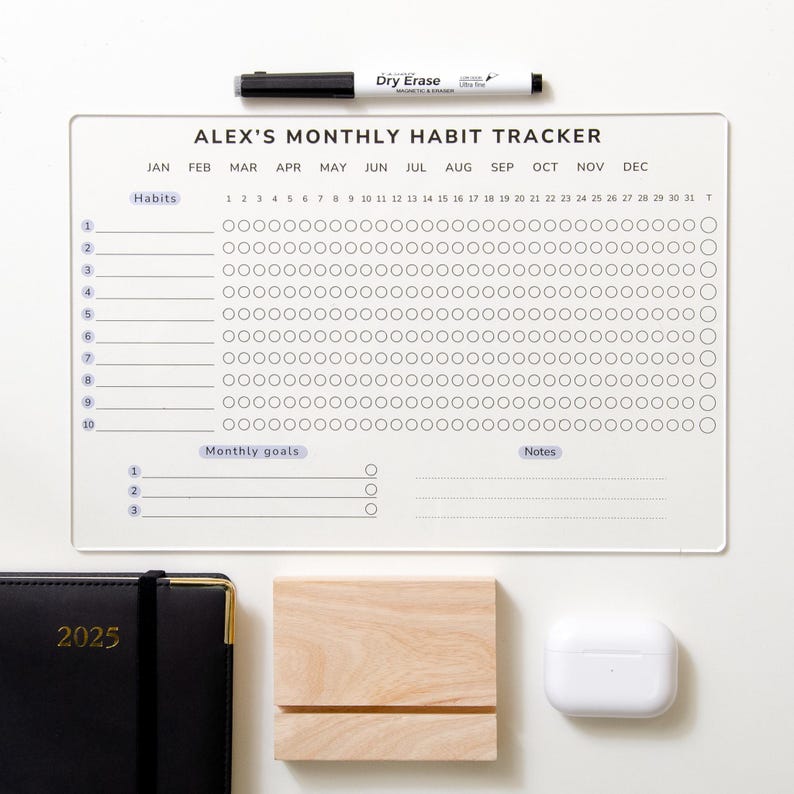 Monthly Habit Tracker Sign Monthly Planner Habit Journal Stand Desk Organiser Acrylic Weekly Daily Yearly Wipable Reusable Calendar 2025