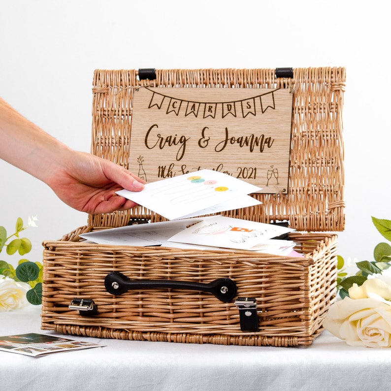 Wedding Hamper Personalised Wedding Card Box Wicker Basket For Cards Wedding Hamper Card PostBox Keepsake Wedding Engagement Gift For Couple