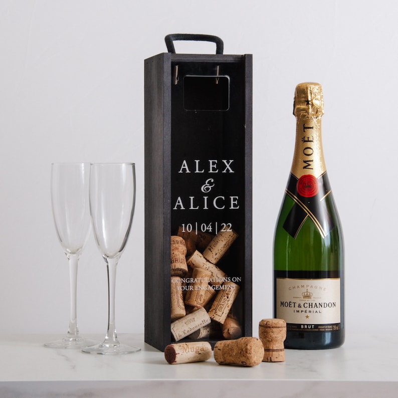 Personalised Engagement Bottle Box Personalised Engagement Gift Present Personalised Engaged Champagne Cork Collector Wooden Box Couple Gift image 10