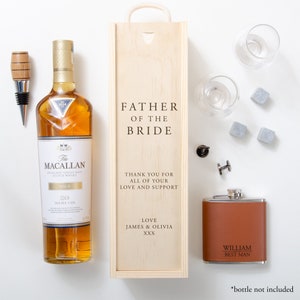 Scatola per bottiglia personalizzata per il padre della sposa / Scatola per bottiglia per il padre dello sposo / Regalo di nozze personalizzato per i genitori Scatola per bottiglia in legno