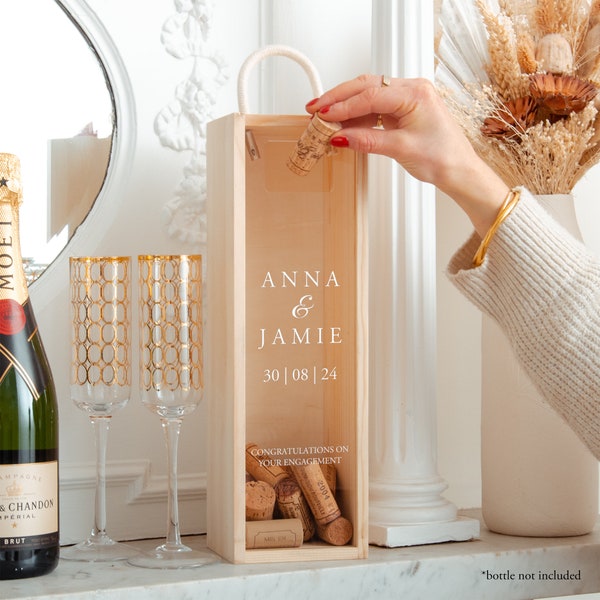 Personalised Engagement Bottle Box Personalised Engagement Gift Personalised Champagne Cork Collector Wooden Wine Bottle Box Couple Gift