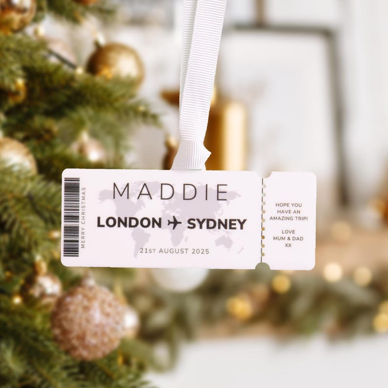 Personalised Plane Ticket Christmas Bauble Tree Decoration Personalised
