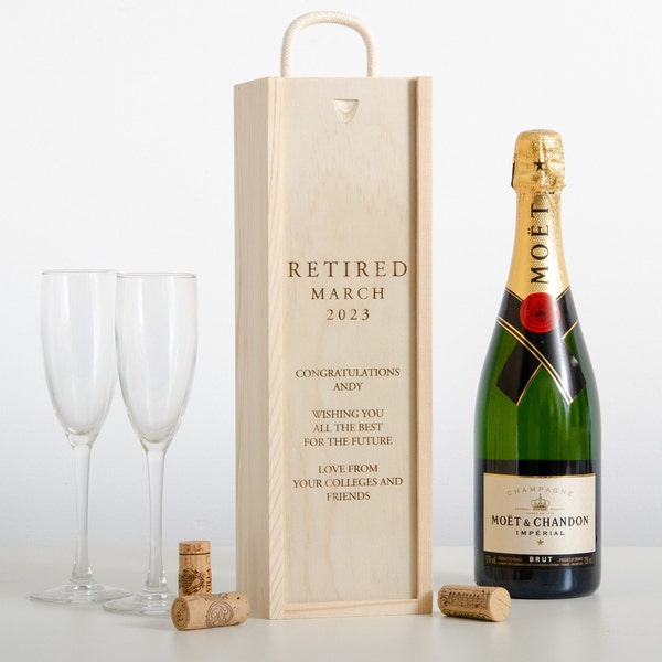 Personalised Retirement Bottle Box Personalised Retired Thank You Gift Present Personalised Retirement Champagne Wooden Bottle Box Job Gift