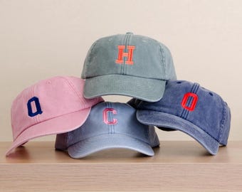 Boné Infantil Vintage Personalizado com Inicial | Boné Bordado Personalizado | Boné de Algodão Lavado | Boné de Beisebol Infantil Unissex Ajustável