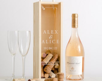 Caja de botellas de compromiso personalizada, regalo de compromiso personalizado, regalo personalizado para coleccionistas de corcho de champán, caja de madera, regalo para parejas