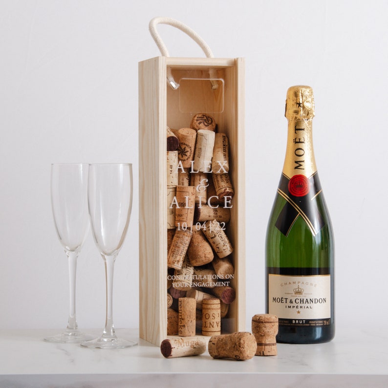 Personalised Engagement Bottle Box Personalised Engagement Gift Personalised Champagne Cork Collector Wooden Wine Bottle Box Couple Gift