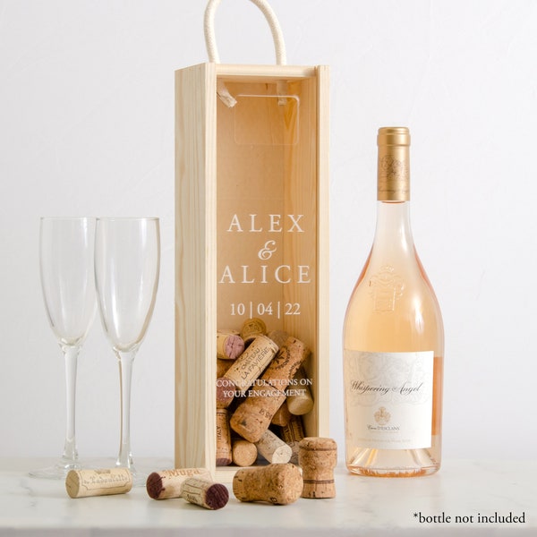 Personalisierte Verlobungsflaschenbox, personalisiertes Verlobungsgeschenk, personalisiertes verlobtes Champagnerkorken, Sammler-Holzkiste, Paargeschenk