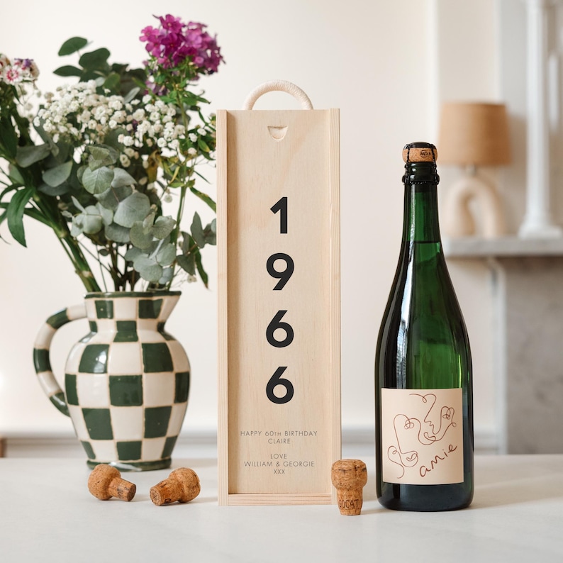 Personalised 60th Birthday Gift – Custom Wooden Wine Box – Milestone Keepsake for Him or Her – Champagne Bottle Gift Box image 2