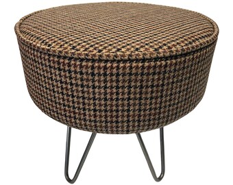 Harris Tweed Dunmore Hahnentritt-Hocker mit Senf Beige Zierleiste & Stahl Hairpin Beinen