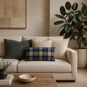 Op de afbeelding: Een beige bank met verschillende decoratieve kussens. De kussens omvatten een donkergrijze, een beige, een crèmekleurige rib en een rechthoekig geruit kussen met blauwe, bruine en rode accenten. Een houten salontafel en een potplant zijn te zien.