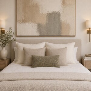 Op de afbeelding: Een slaapkamer met een neutraal kleurenpalet, met een groot abstract schilderij boven het bed. Het bed is opgemaakt met wit en beige beddengoed, waaronder verschillende kussens in verschillende maten en texturen. Twee nachtkastjes met lampen en decoratie maken de scène compleet.