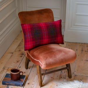 May include: A red and brown tartan lumbar cushion on a burnt orange velvet chair. The chair has wooden legs and is sitting on a wooden floor.